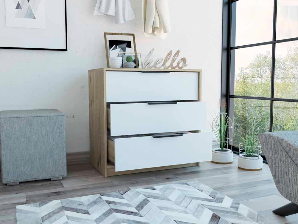 Organizador Serion Café Claro Y Blanco, Con Tres Cajones Multiusos Y Manijas Metálicas