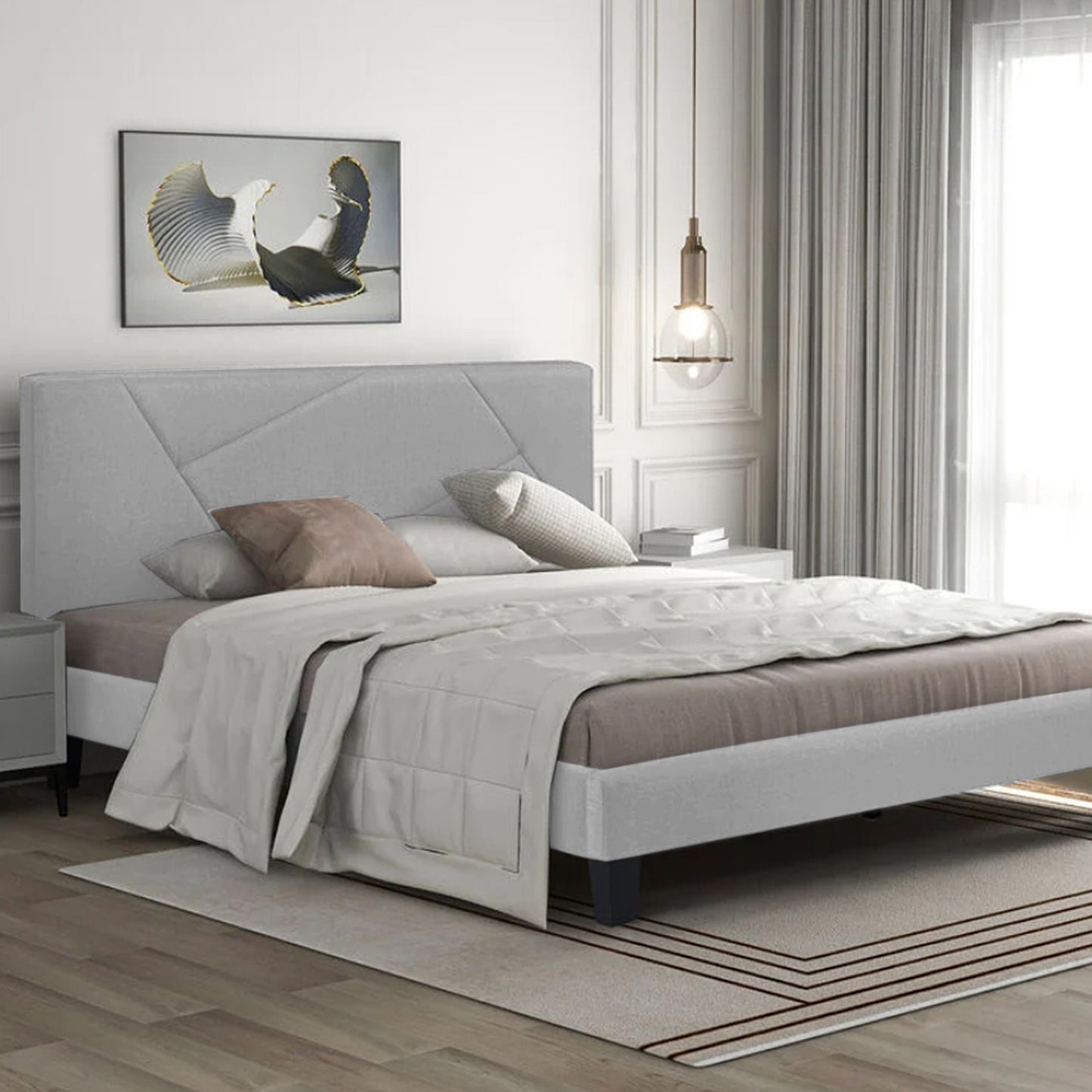 Base Cama Con Espaldar Queen Hampton Gris Perla
