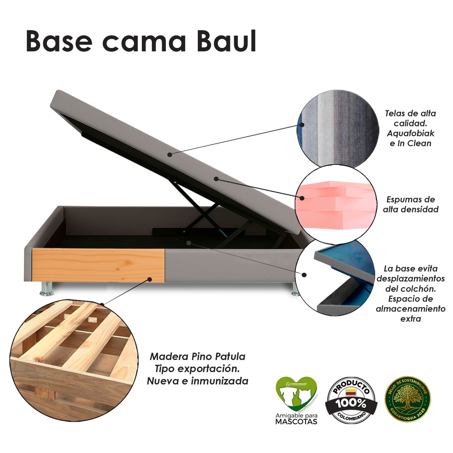 Base Cama Baúl Semidoble Gris Perla