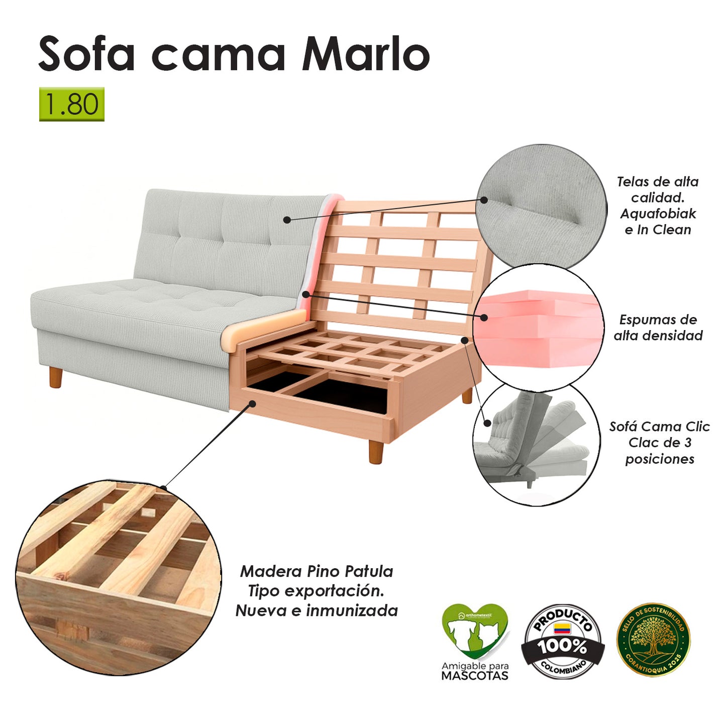Sofa cama 3 Posiciones Clic Clac Marlo Gris 180 cm