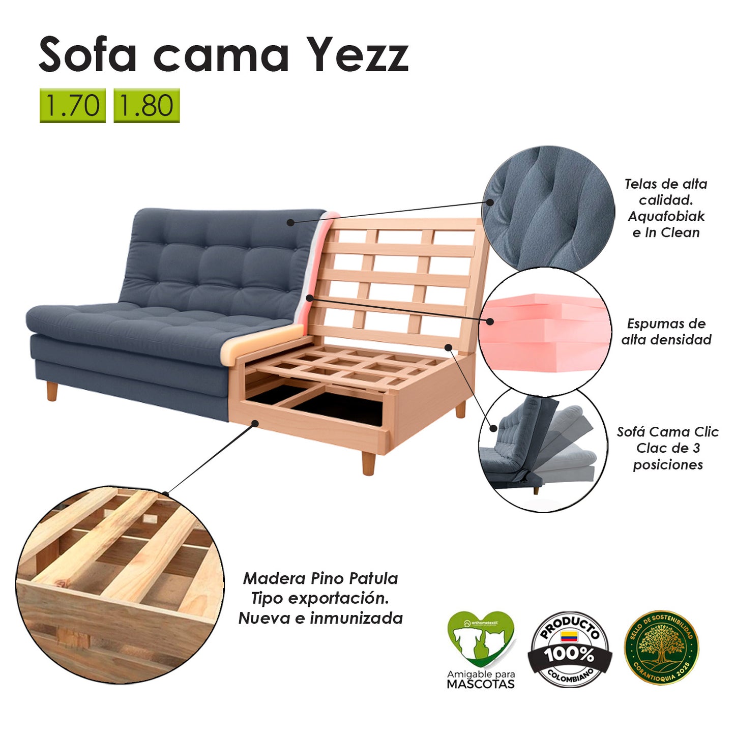 Sofa cama 3 Posiciones Clic Clac Yezz gris 170 cm
