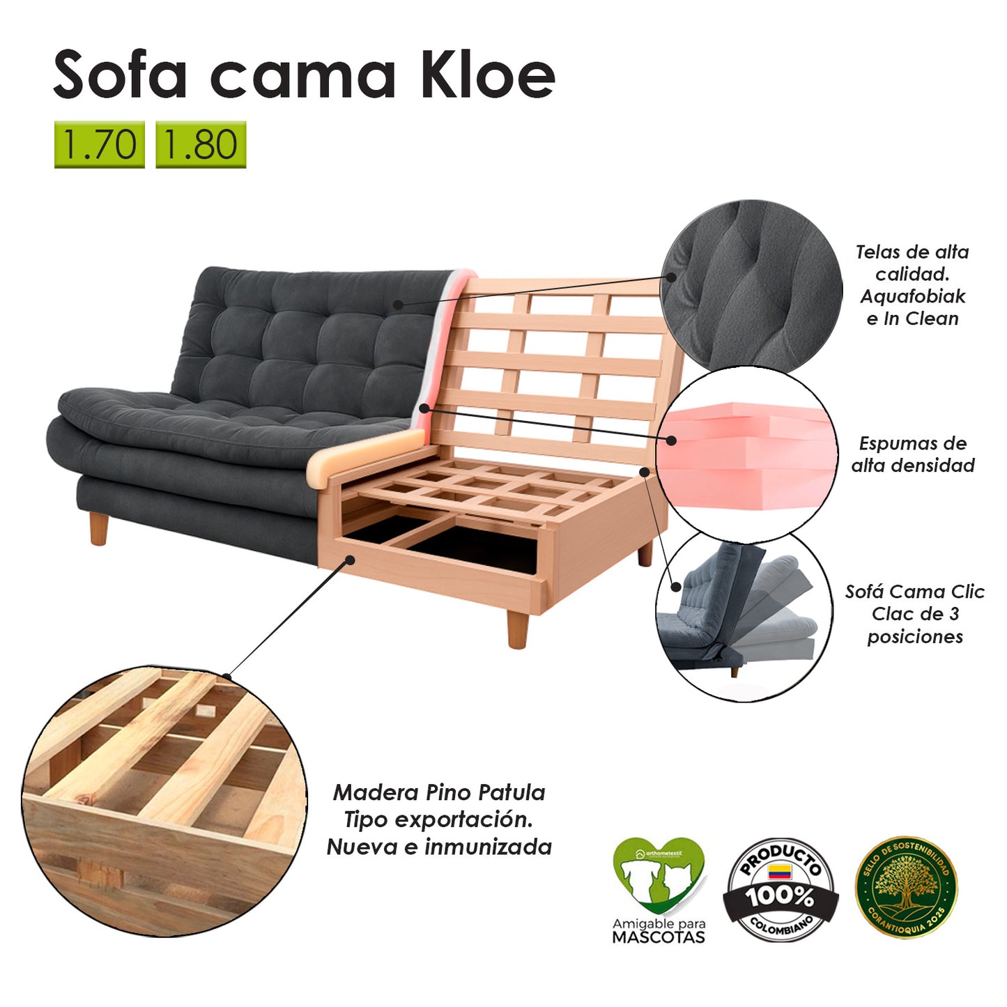 Sofa cama 3 Posiciones Clic Clac Kloe gris 180 cm