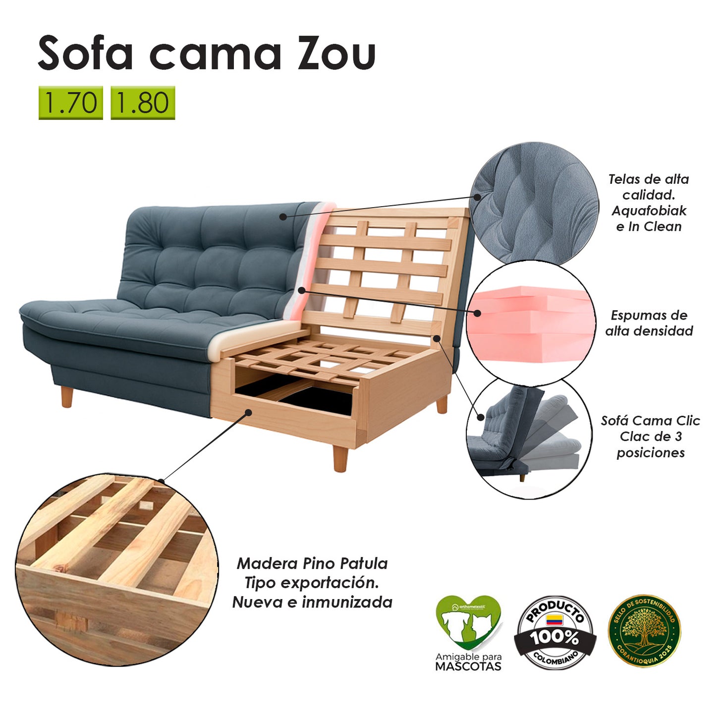 Sofa cama 3 Posiciones Clic Clac Zou azul 170 cm