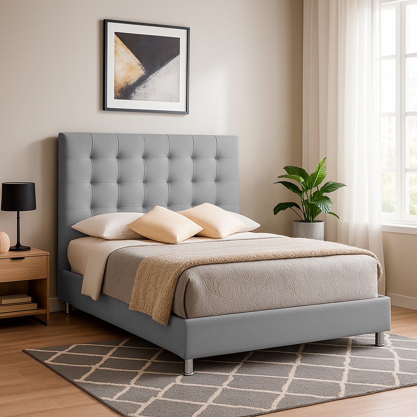 Base Cama con Espaldar + Colchon Sencillo Luxury gris perla
