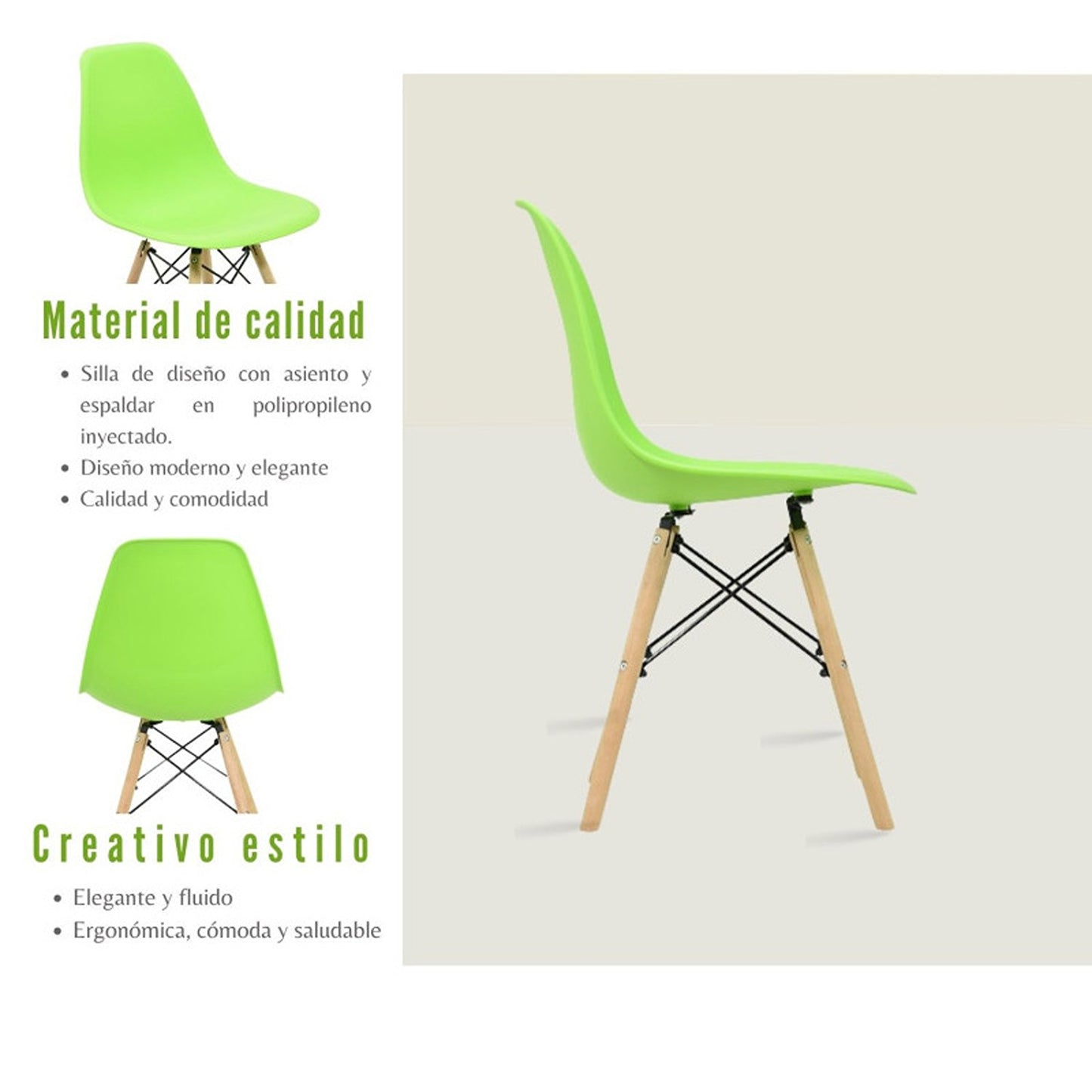 Juego de Comedor Robledo Premium habano con 4 Sillas Eames verdes