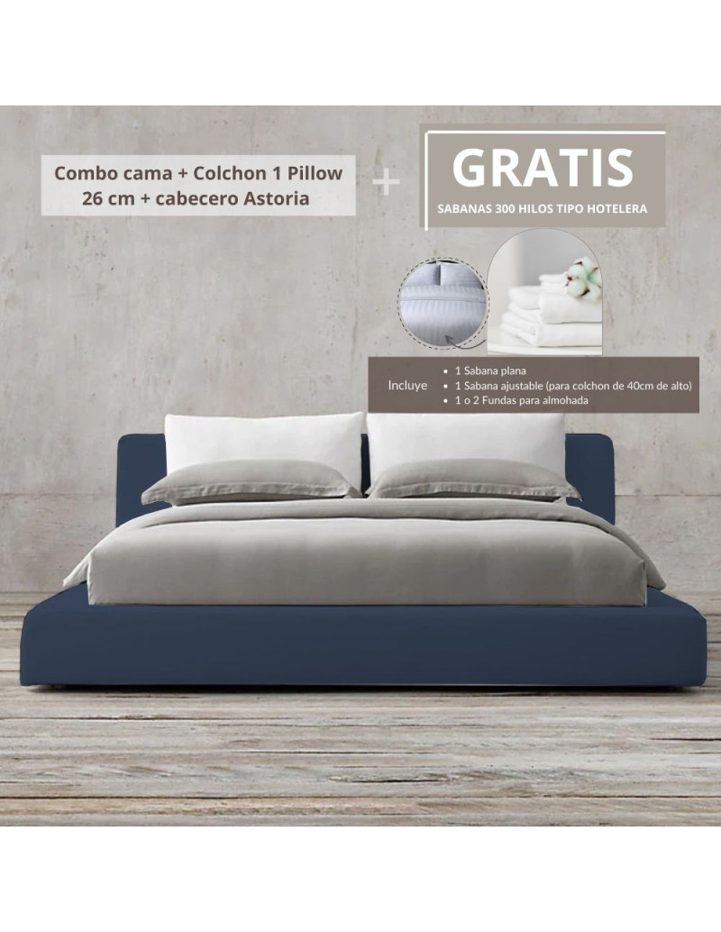 Combo cama queen astoria + colchon 1 Pillow 26 cm + cabecero  GRATIS sabanas 300 hilos
