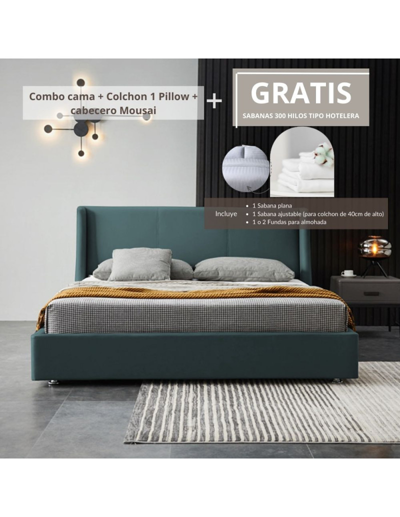 Combo Mousai cama queen + colchon 2 Pillow 32 cm + cabecero GRATIS sabanas 300 hilos