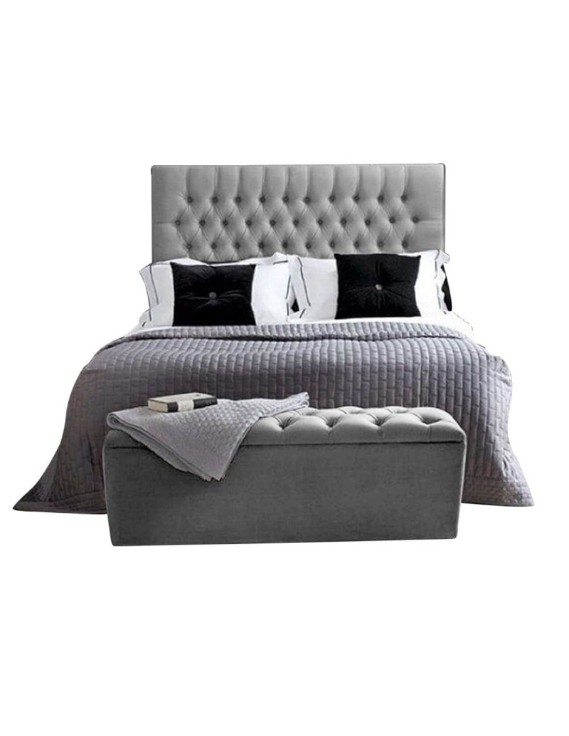 Colchón con base cama doble + espaldar + puff baul paris gris plata