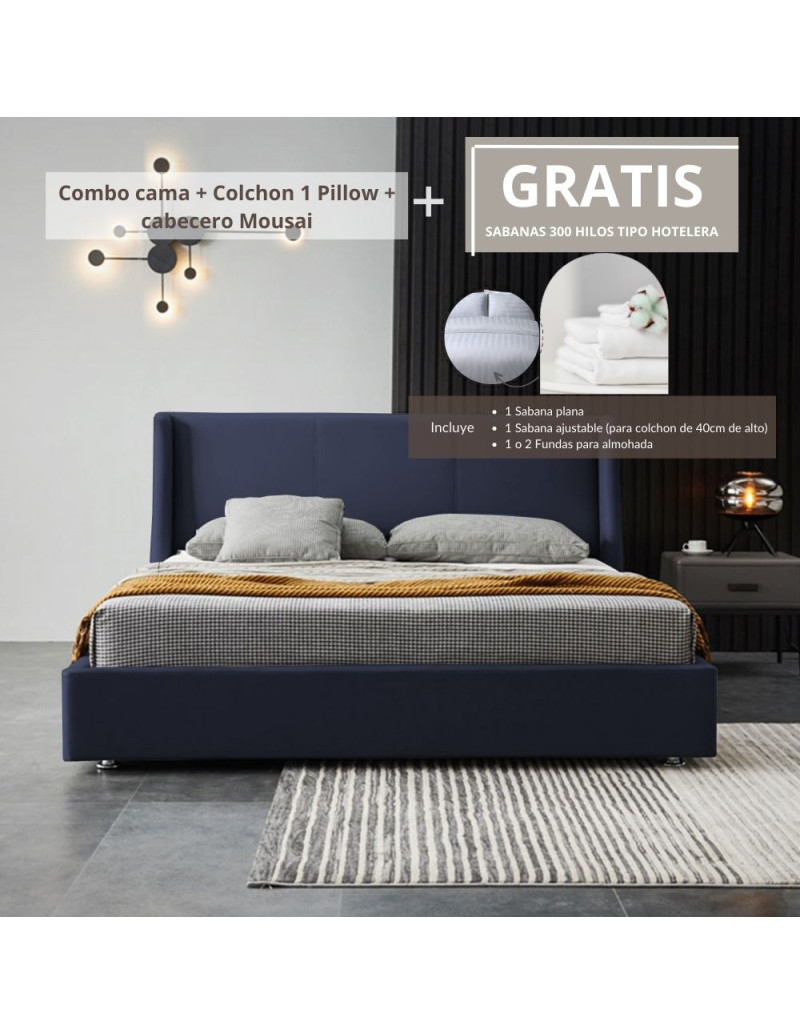 Combo Mousai cama queen + colchon 1 Pillow 26 cm + cabecero GRATIS sabanas 300 hilos