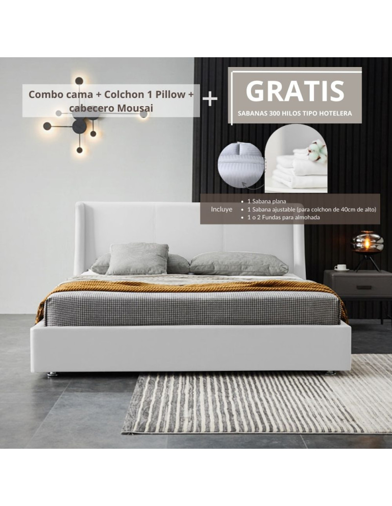 Combo Mousai cama queen + colchon 1 Pillow 26 cm + cabecero GRATIS sabanas 300 hilos