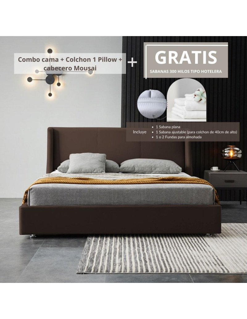 Combo Mousai cama queen + colchon 1 Pillow 26 cm + cabecero GRATIS sabanas 300 hilos