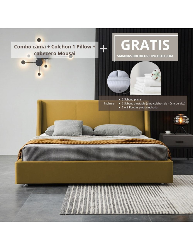 Combo Mousai cama queen + colchon 1 Pillow 26 cm + cabecero GRATIS sabanas 300 hilos