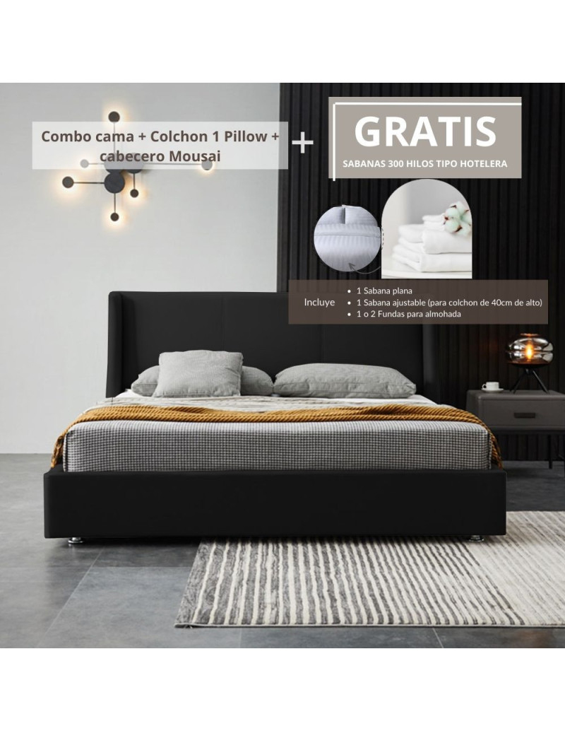 Combo Mousai cama queen + colchon 1 Pillow 26 cm + cabecero GRATIS sabanas 300 hilos