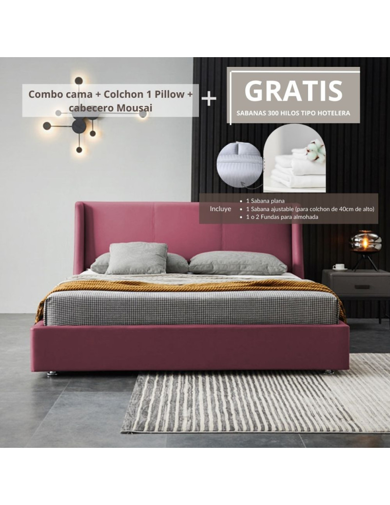 Combo Mousai cama queen + colchon 1 Pillow 26 cm + cabecero GRATIS sabanas 300 hilos