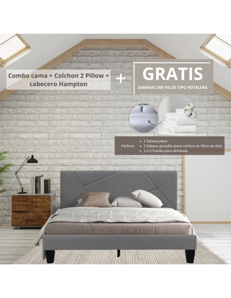 Combo cama King Hampton + colchon 2 Pillow 32 cm + cabecero + GRATIS sabanas 300 hilos.