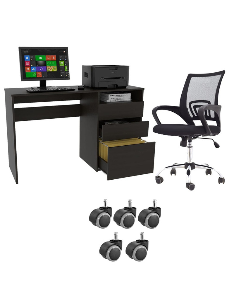 Escritorio Kenia wengue + Silla colors negro + Gratis 5 rodachinas en goma