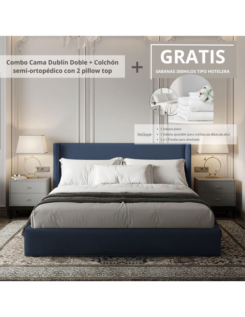 Combo Cama Dublin Doble + Colchón semi-ortopédico con 2 pillow top