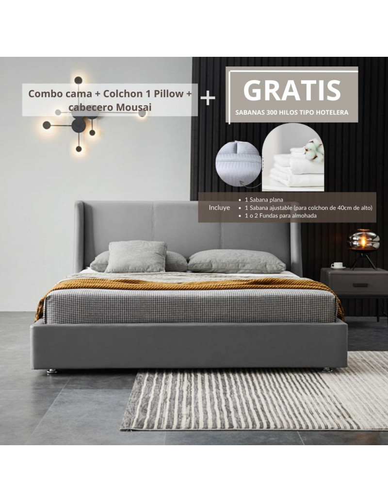 Combo Mousai cama semi doble + colchon 1 Pillow 26 cm + cabecero GRATIS sabanas 300 hilos