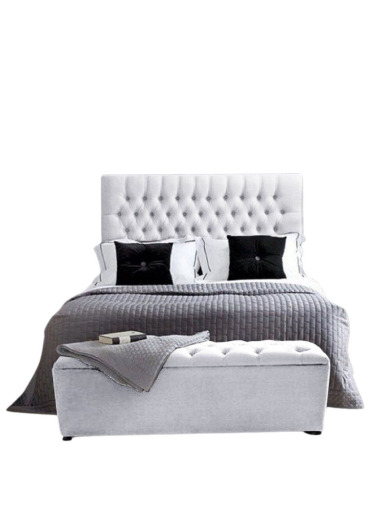 Combo Cama Cabecero Puff Baul Doble Paris, Blanco