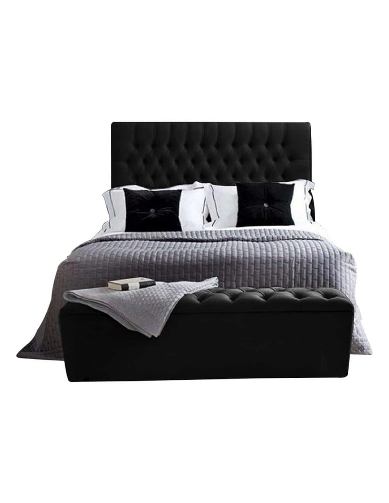 Colchón Con Base Cama Doble + Espaldar + Puff Baúl Paris, Negro