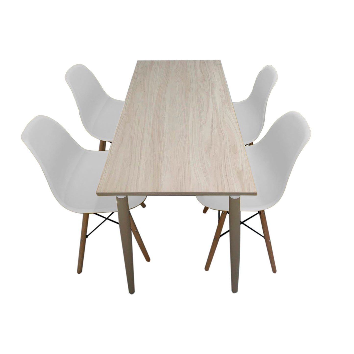 Juego de Comedor Robledo Premium habano con 4 Sillas Eames blancas