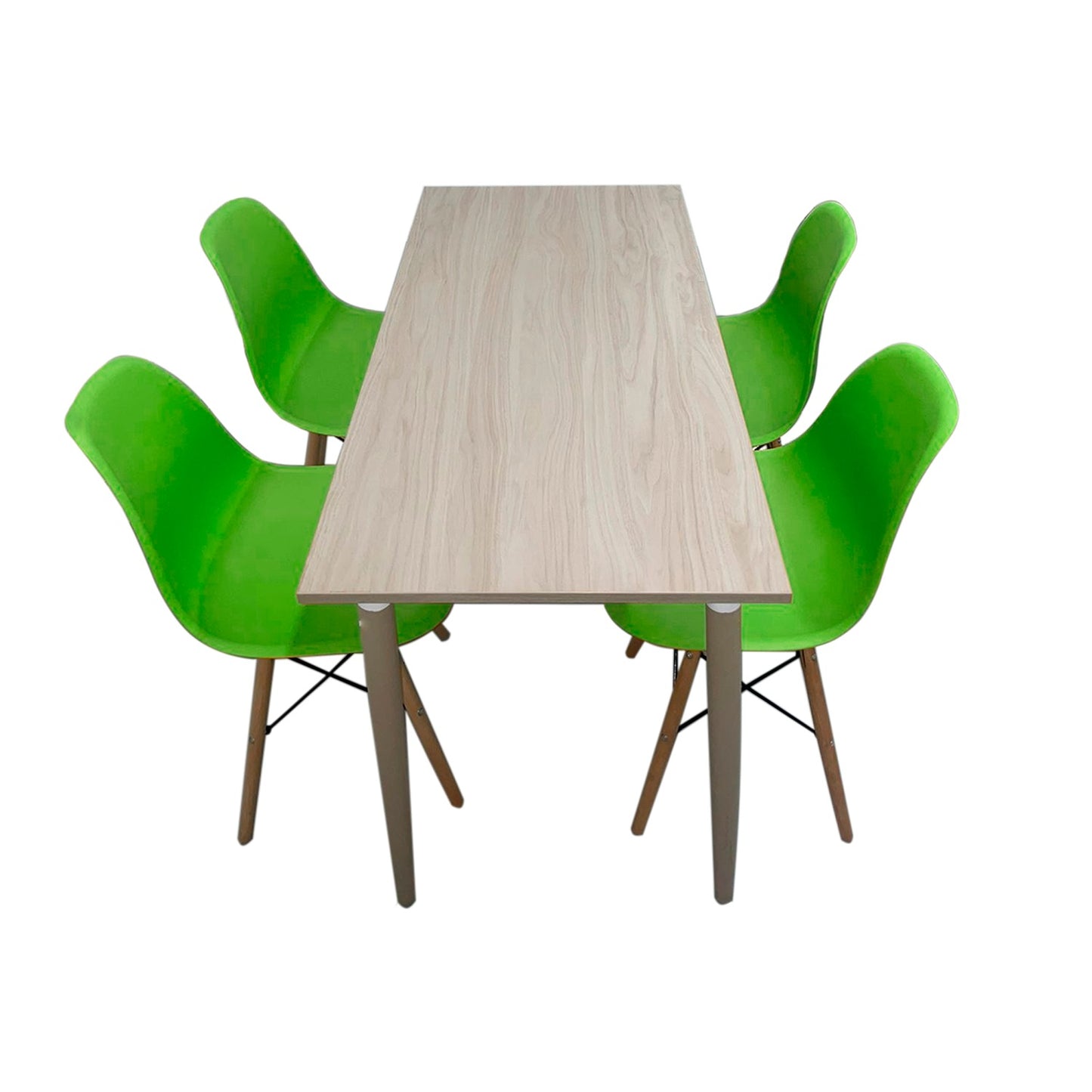 Juego de Comedor Robledo Premium habano con 4 Sillas Eames verdes