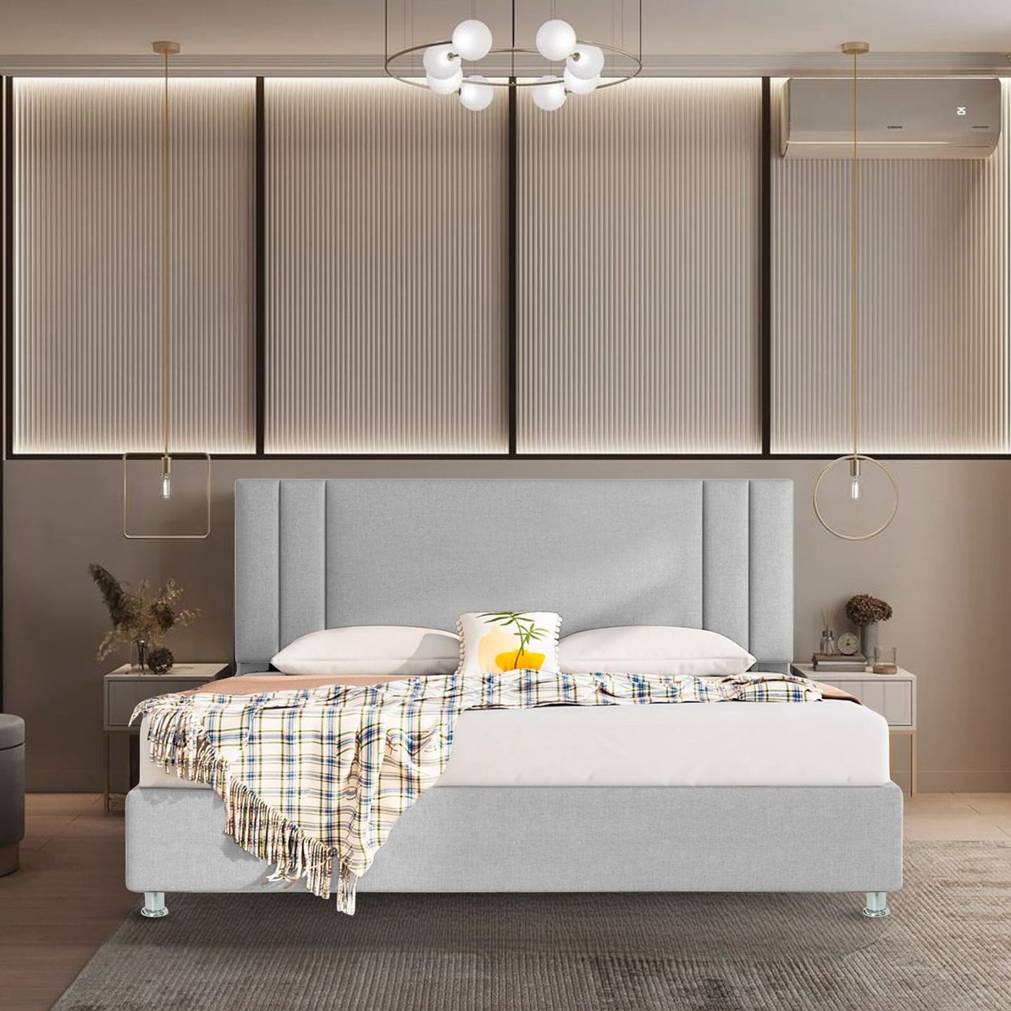 Base Cama con Espaldar + Colchon King Lupe  gris perla