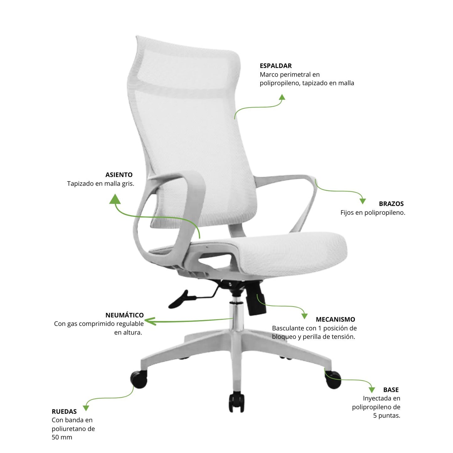 Silla De Oficina Slim Malla Presidente 139X48X52 Gris