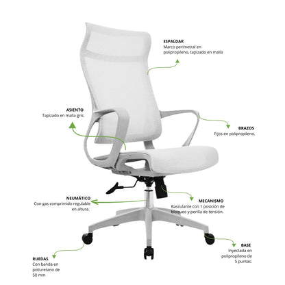 Silla De Oficina Slim Malla Presidente 139X48X52 Gris