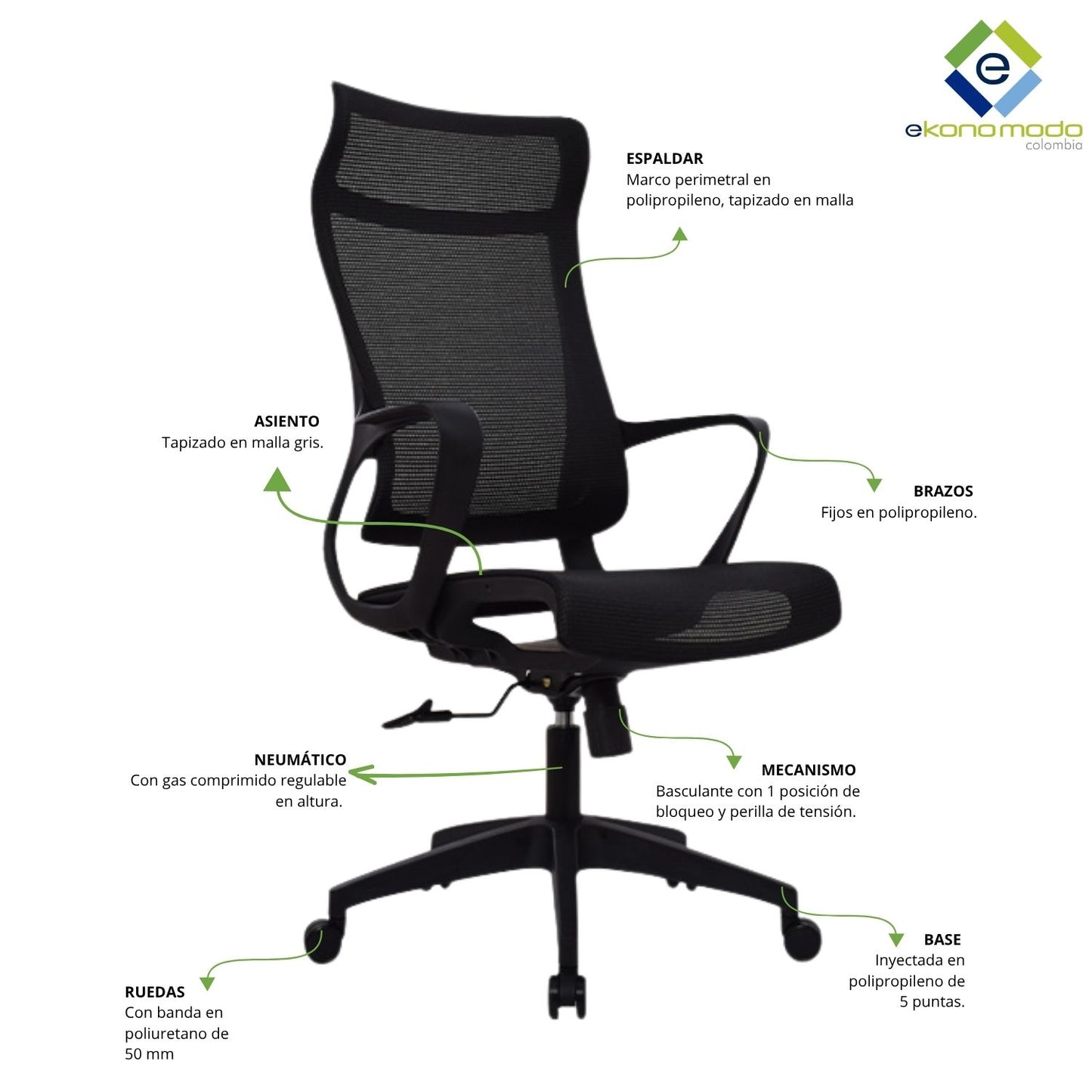 Silla De Oficina Slim Malla Presidente 139X48X52 Negra