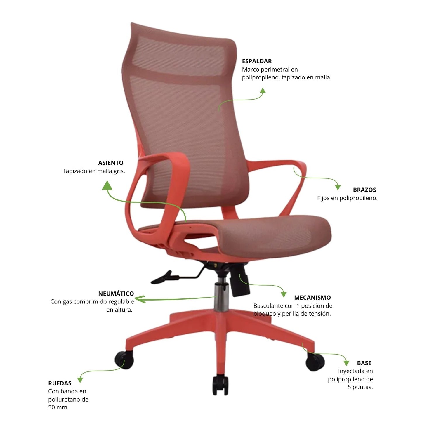 Silla De Oficina Slim Malla Presidente 139X48X52 Roja