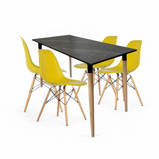 Juego de Comedor Haby negro con 4 Sillas Eames mostaza