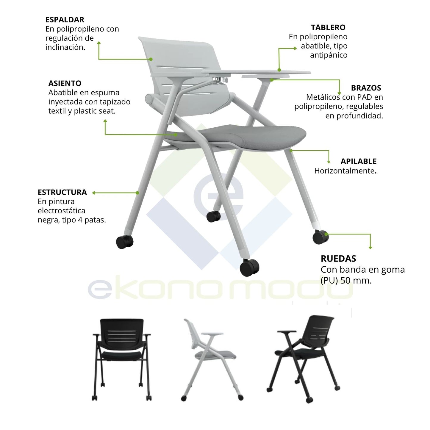 Silla Universitaria Nexa Con Tablero Y Rodachines Gris