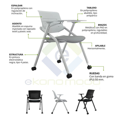 Silla Universitaria Nexa Con Tablero Y Rodachines Negro