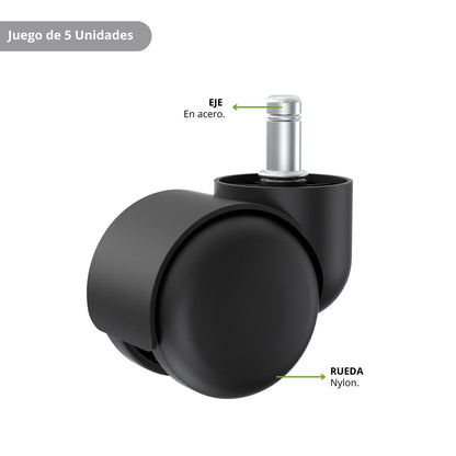 Set De 5 Ruedas De Nylon Eje En Acero