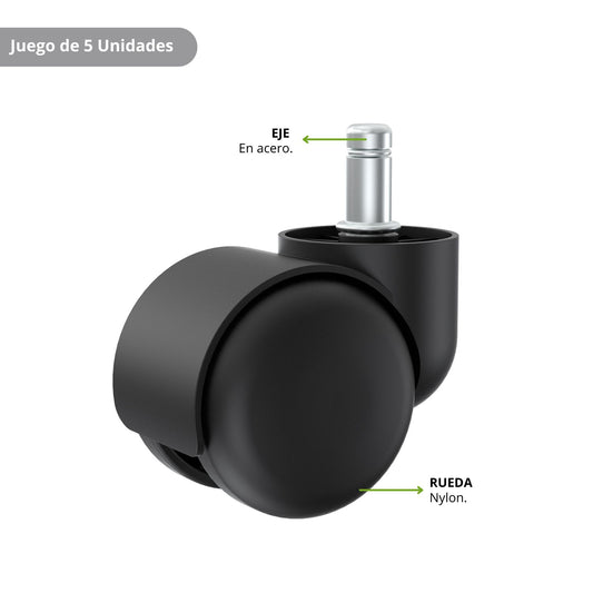 Set De 5 Ruedas De Nylon Eje En Acero