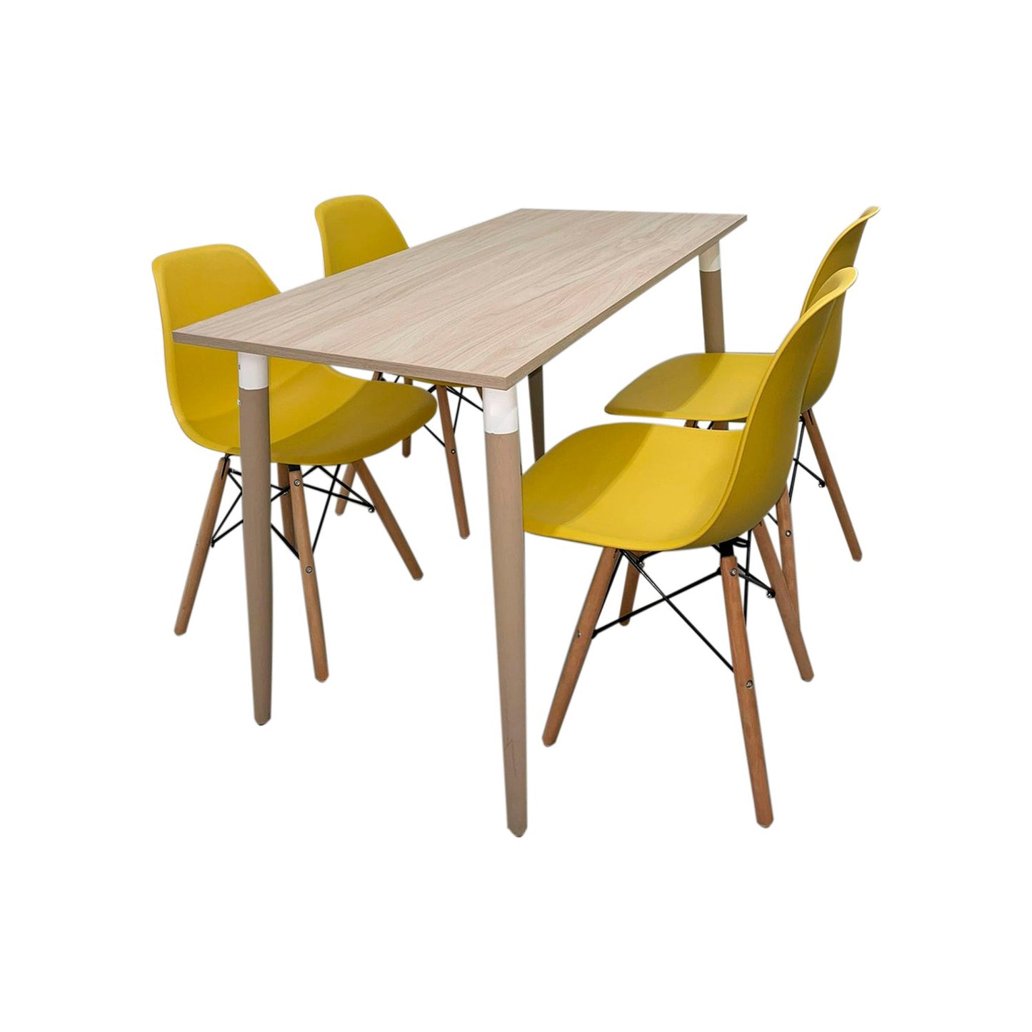 Juego de Comedor Robledo Premium habano con 4 Sillas Eames amarillas