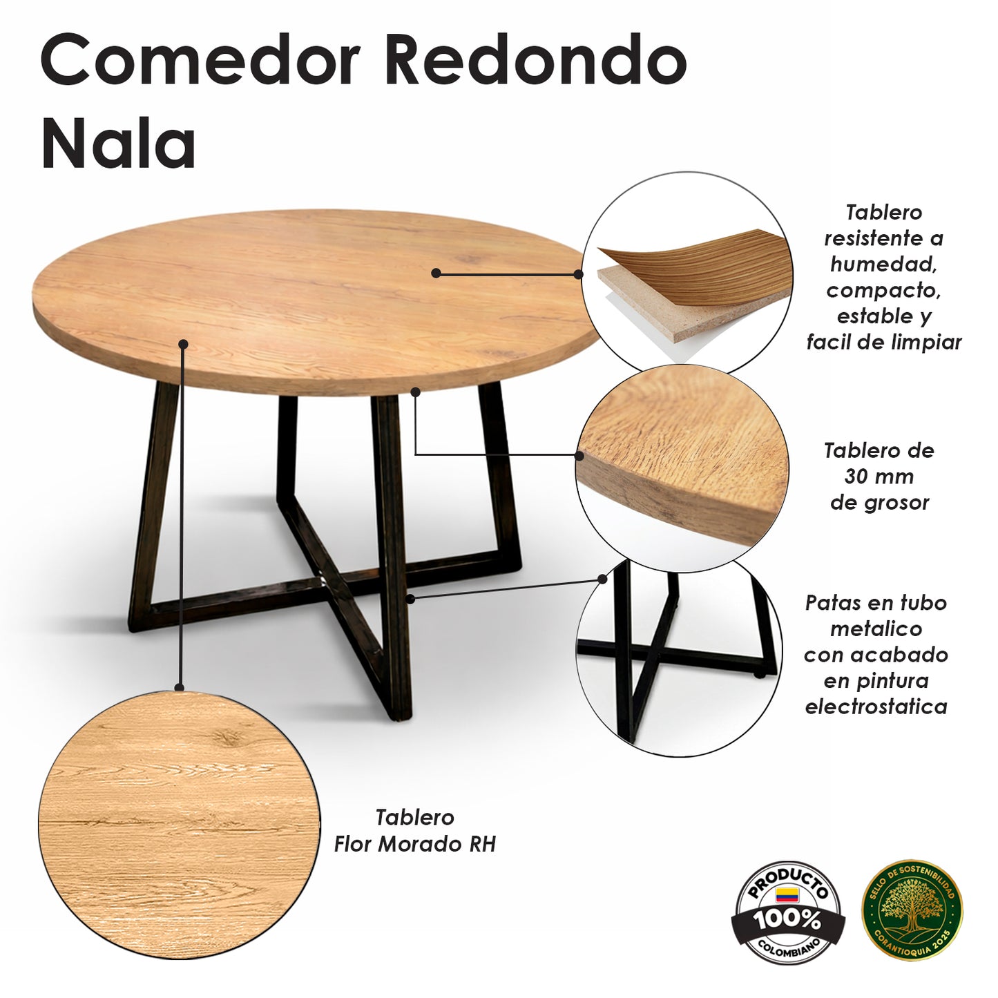 Juego de Comedor Redondo Nala con 4 Sillas Kanala Gris
