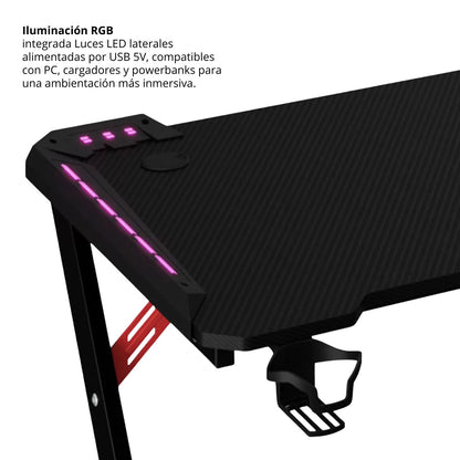 Escritorio Gamer Con Luces Nexus Negro Rojo 75x120x60