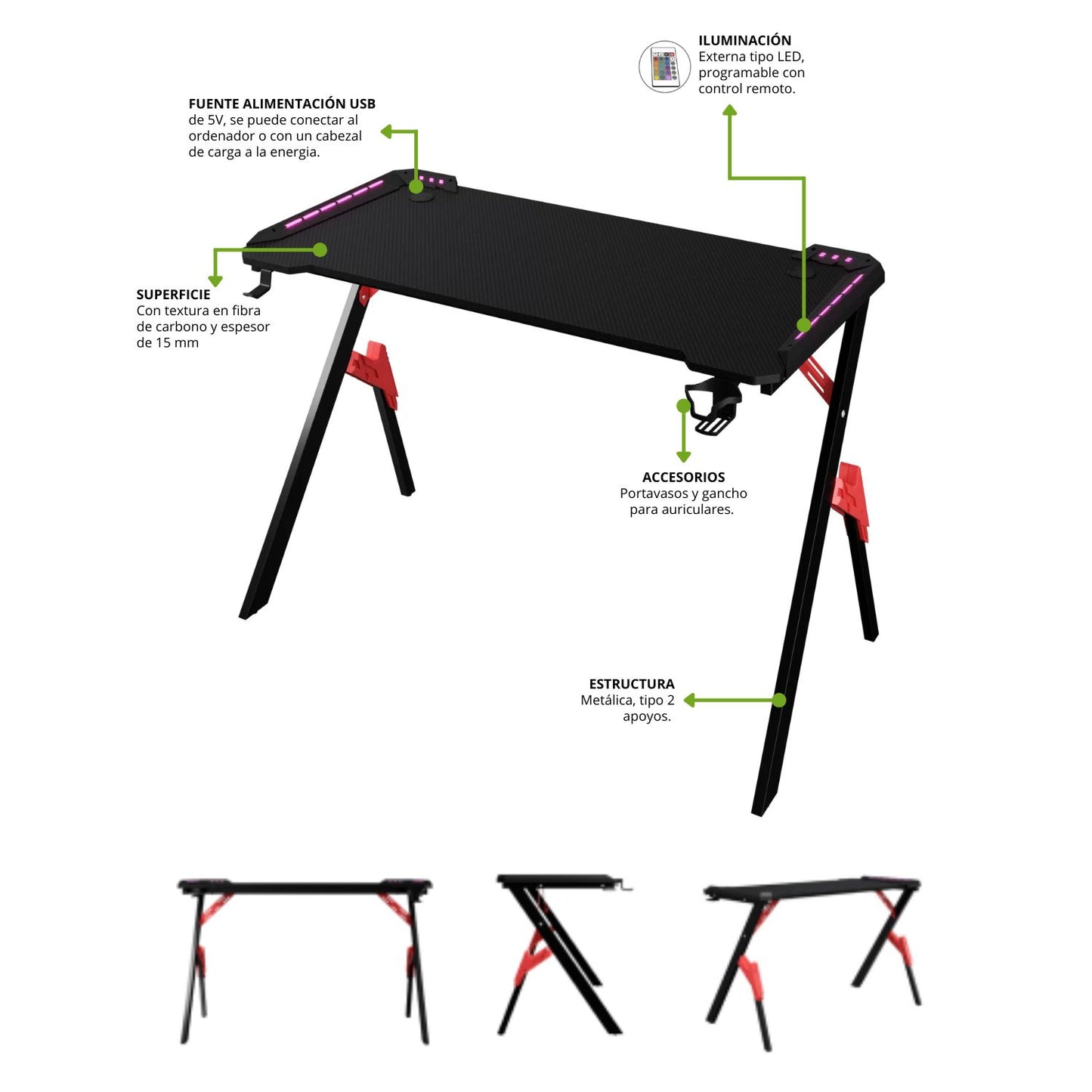 Escritorio Gamer Con Luces Nexus Negro Rojo 75x120x60