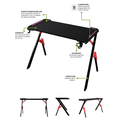 Escritorio Gamer Con Luces Nexus Negro Rojo 75x120x60