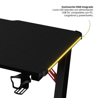 Escritorio Gamer Con Luces Muxi Negro Rojo 75x120x60