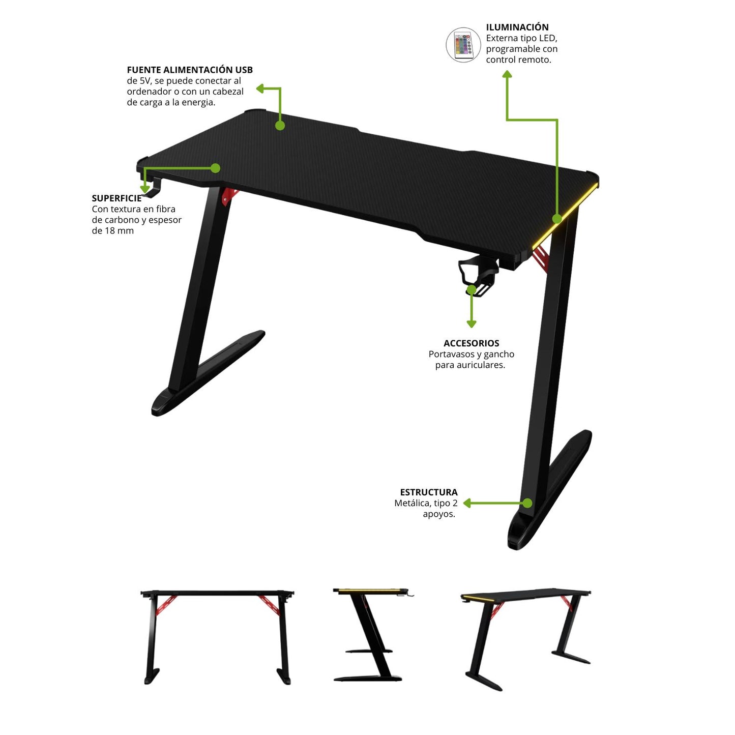 Escritorio Gamer Con Luces Muxi Negro Rojo 75x120x60