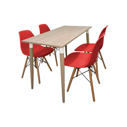 Juego de Comedor Robledo Premium habano con 4 Sillas Eames rojas