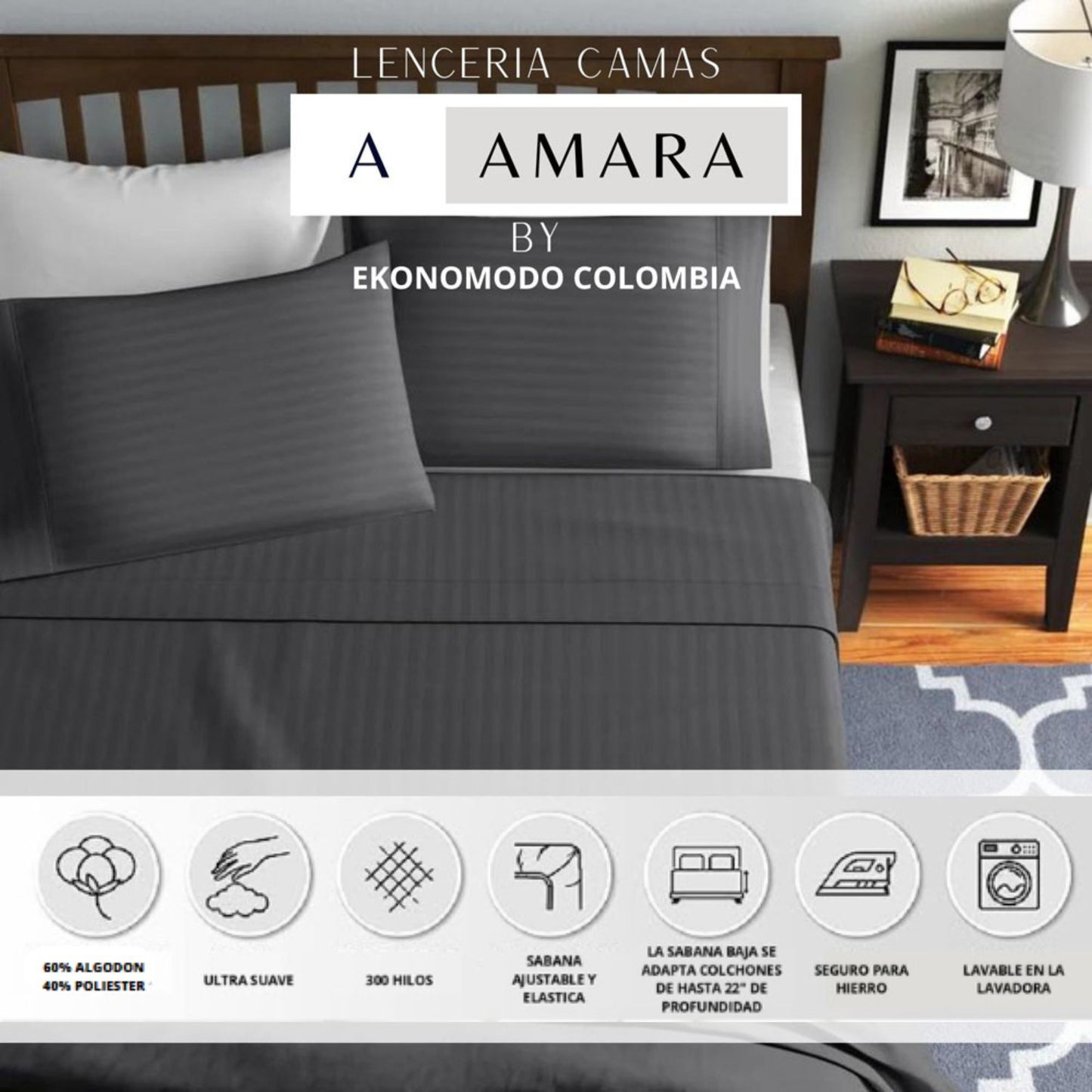 Sabanas Hoteleras Luxury 300 Hilos Sencillas 100 x 190 Gris oscura