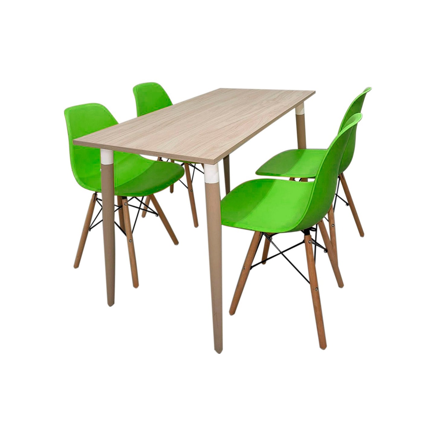 Juego de Comedor Robledo Premium habano con 4 Sillas Eames verdes