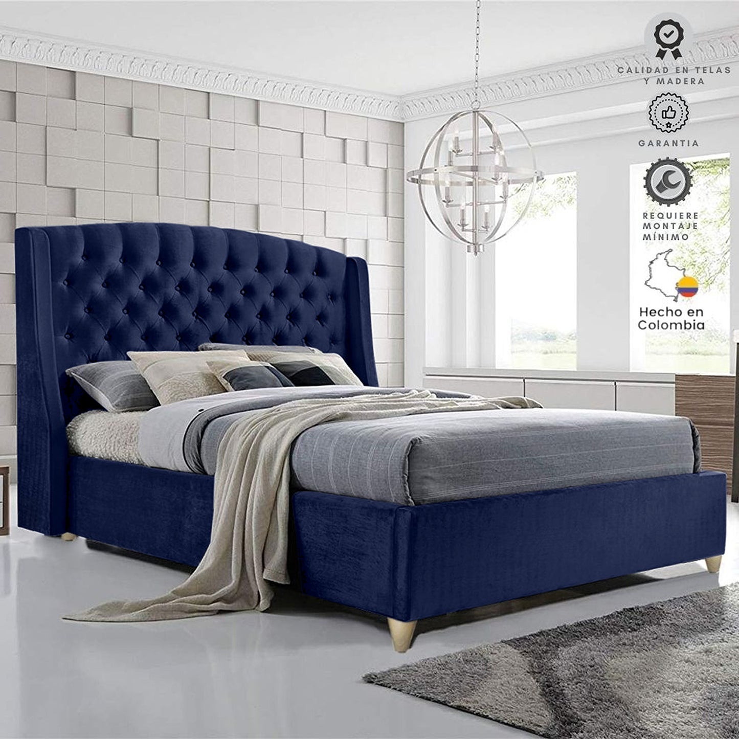 Base Cama con Espaldar + Colchon Queen Italia  azul