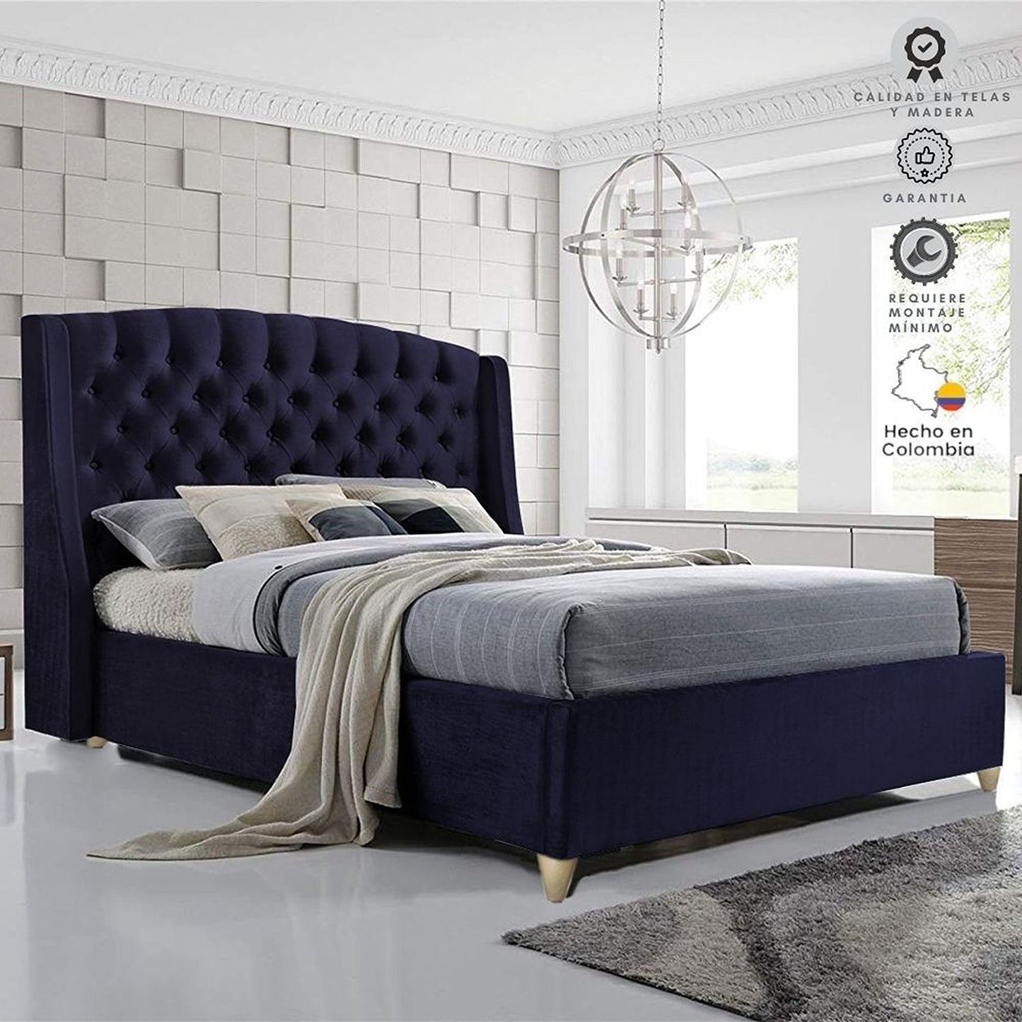 Base Cama Con Espaldar Queen Italia Azul