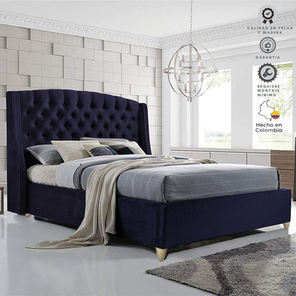 Base Cama Con Espaldar Queen Italia Azul