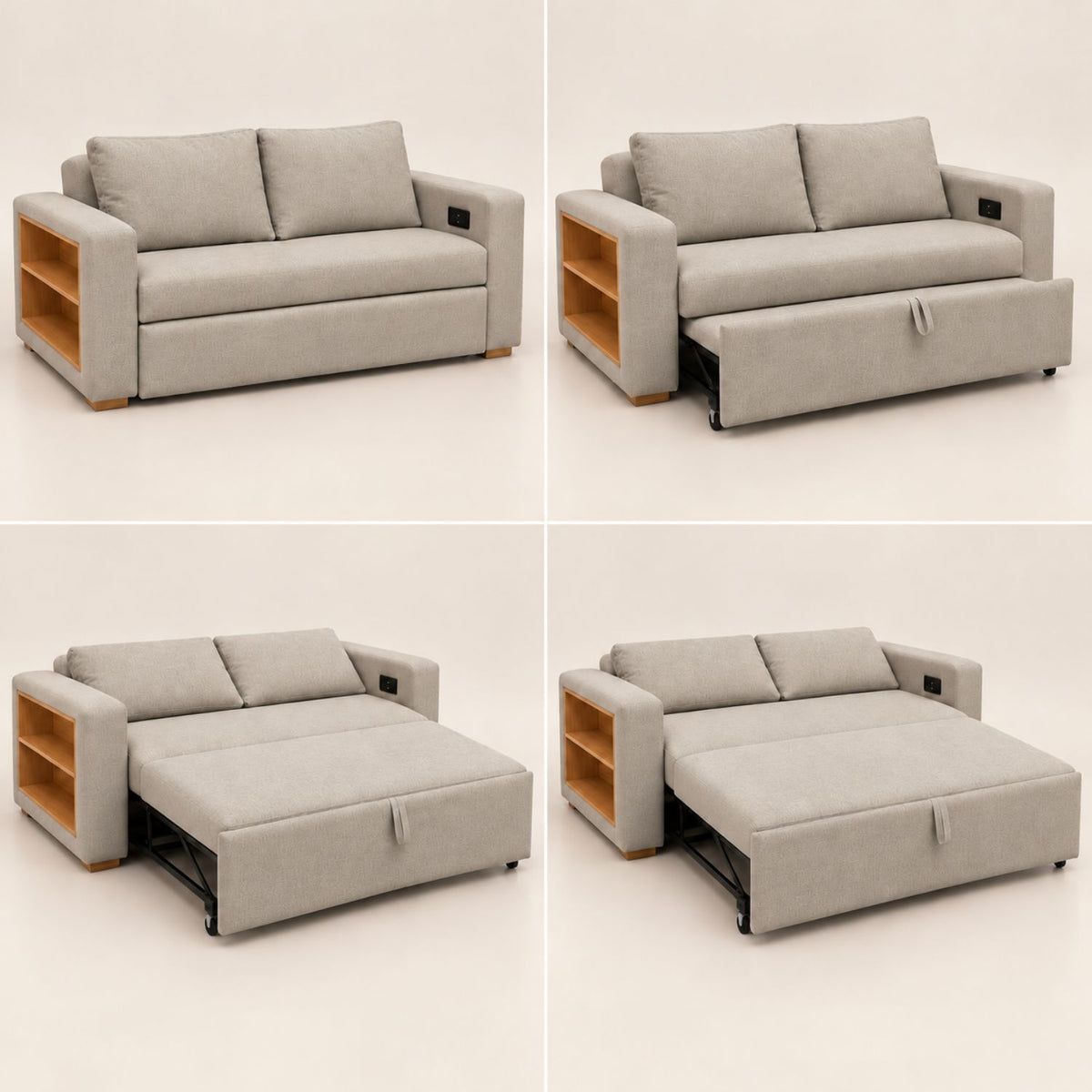Sofa Cama Multifuncional Con Repisas, Conexión USB y Cama Auxiliar Koni Taupe